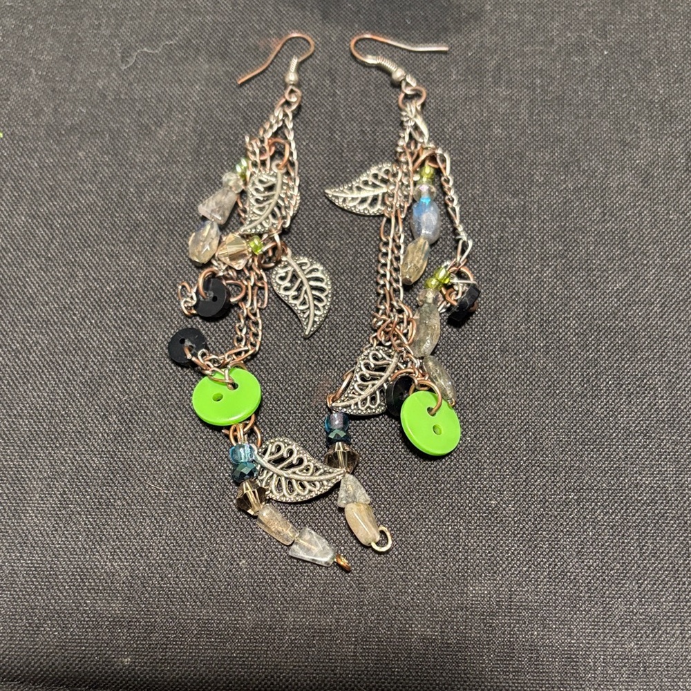 Elegant Silver and Green Leaf Dangle Earrings